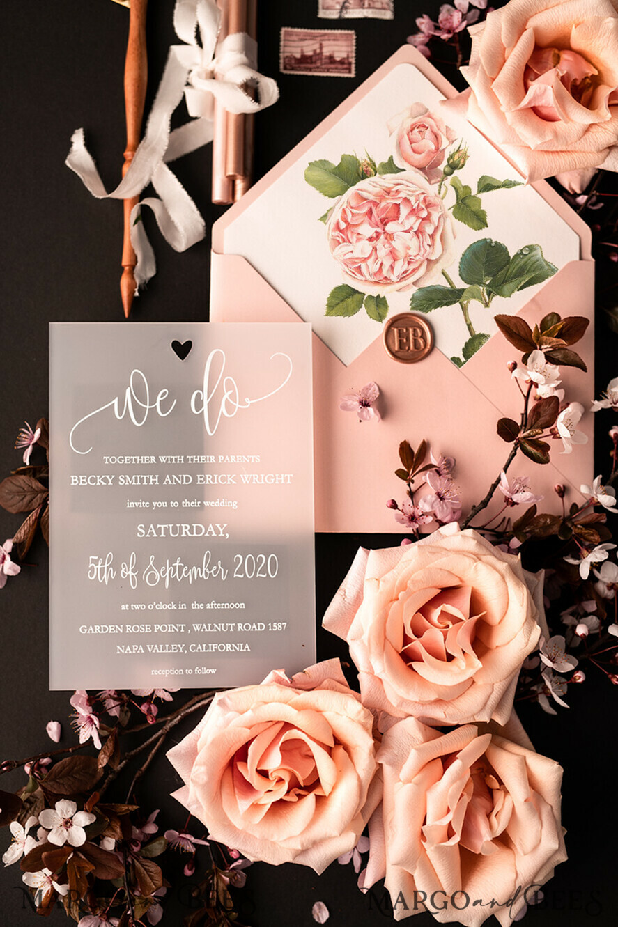 HOCHZEITS EINLADUNGEN Elegante Einladungen Klassische Karten Luxus Gefrorene Acryl Plexi Hochzeits Einladungen, Romantische Blush Pink Hochzeits Einladungen, Elegante Pfingstrose Hochzeitskarten, Minimalistische Hochzeitsstationery