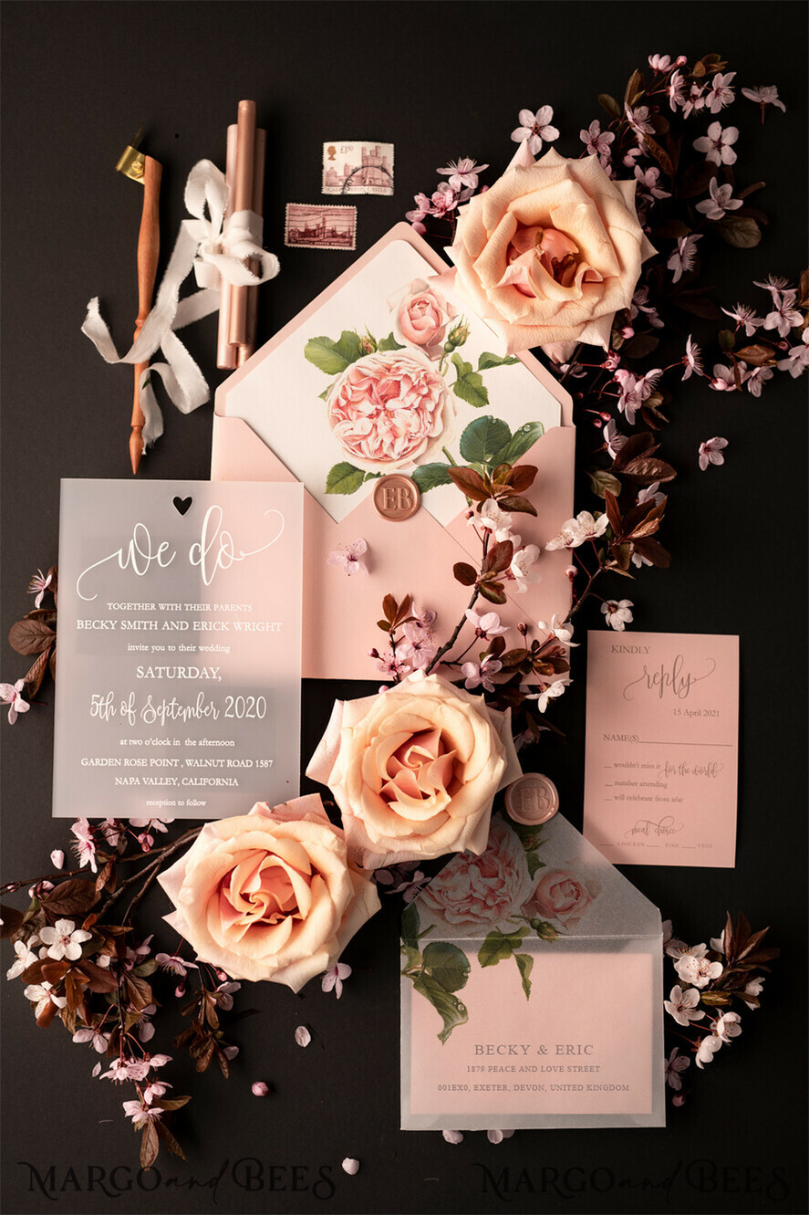 HOCHZEITS EINLADUNGEN Elegante Einladungen Klassische Karten Luxus Gefrorene Acryl Plexi Hochzeits Einladungen, Romantische Blush Pink Hochzeits Einladungen, Elegante Pfingstrose Hochzeitskarten, Minimalistische Hochzeitsstationery