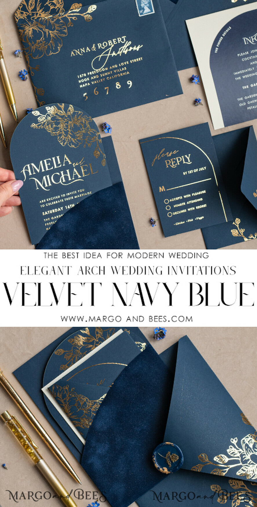 HOCHZEITS EINLADUNGEN Gold / Roségold / Silber / Glitzer Elegante Bogen-Hochzeitseinladungen Marineblau, Samt-Tasche Dunkelblau Gold Moderne Hochzeit, Hochzeitseinladungsset, Bogen-Samt-Taschen Einladungset
