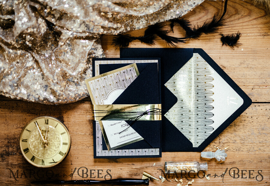 WEDDING INVITATIONS gold / rose gold / silver / glitter Luxury Golden Shine Wedding Invitations, Glamour Gold Foil Wedding Invites, Elegant Royal Navy Wedding Cards, Bespoke Great Gatsby Wedding Invitation Suite