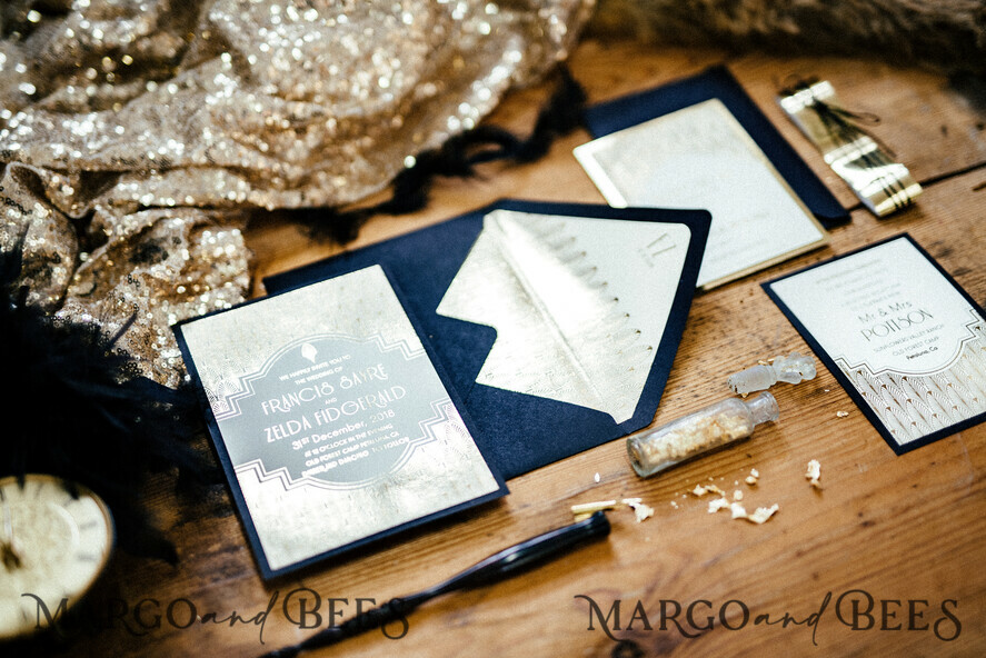 WEDDING INVITATIONS gold / rose gold / silver / glitter Luxury Golden Shine Wedding Invitations, Glamour Gold Foil Wedding Invites, Elegant Royal Navy Wedding Cards, Bespoke Great Gatsby Wedding Invitation Suite