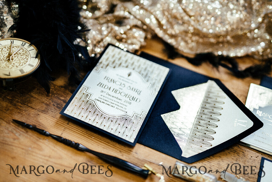 WEDDING INVITATIONS gold / rose gold / silver / glitter Luxury Golden Shine Wedding Invitations, Glamour Gold Foil Wedding Invites, Elegant Royal Navy Wedding Cards, Bespoke Great Gatsby Wedding Invitation Suite