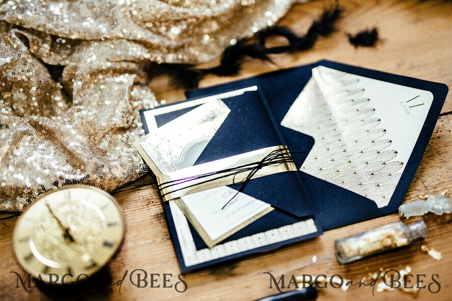 WEDDING INVITATIONS gold / rose gold / silver / glitter Luxury Golden Shine Wedding Invitations, Glamour Gold Foil Wedding Invites, Elegant Royal Navy Wedding Cards, Bespoke Great Gatsby Wedding Invitation Suite