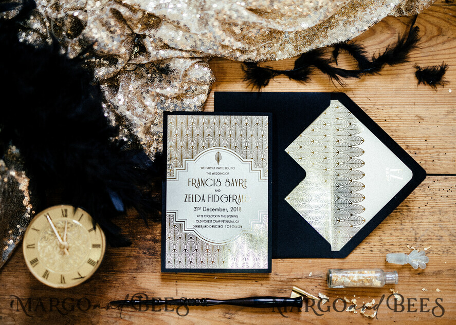 WEDDING INVITATIONS gold / rose gold / silver / glitter Luxury Golden Shine Wedding Invitations, Glamour Gold Foil Wedding Invites, Elegant Royal Navy Wedding Cards, Bespoke Great Gatsby Wedding Invitation Suite