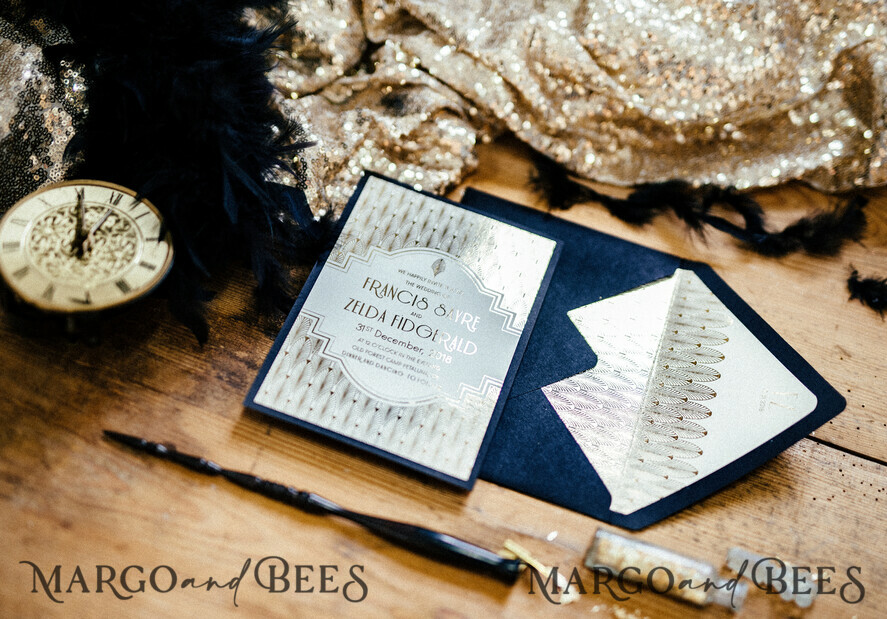 WEDDING INVITATIONS gold / rose gold / silver / glitter Luxury Golden Shine Wedding Invitations, Glamour Gold Foil Wedding Invites, Elegant Royal Navy Wedding Cards, Bespoke Great Gatsby Wedding Invitation Suite