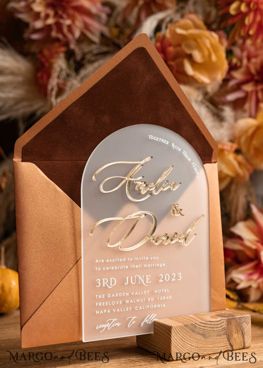 HOCHZEITS EINLADUNGEN Gold / Roségold / Silber / Glitzer Herbst Terracotta Moderne Bogen 3D Hochzeits Einladung Suite, Maßgeschneiderte gefrorene Acryl Gold Hochzeits Einladung Set, Luxuriöse Samt Hochzeits Einladungen gefrostetes Plexiglas goldene Namen, Glamour Hochzeits Einladung Suite, 3D Gold Spiegel herbst kupfer Einladungen, Hochzeitskarten