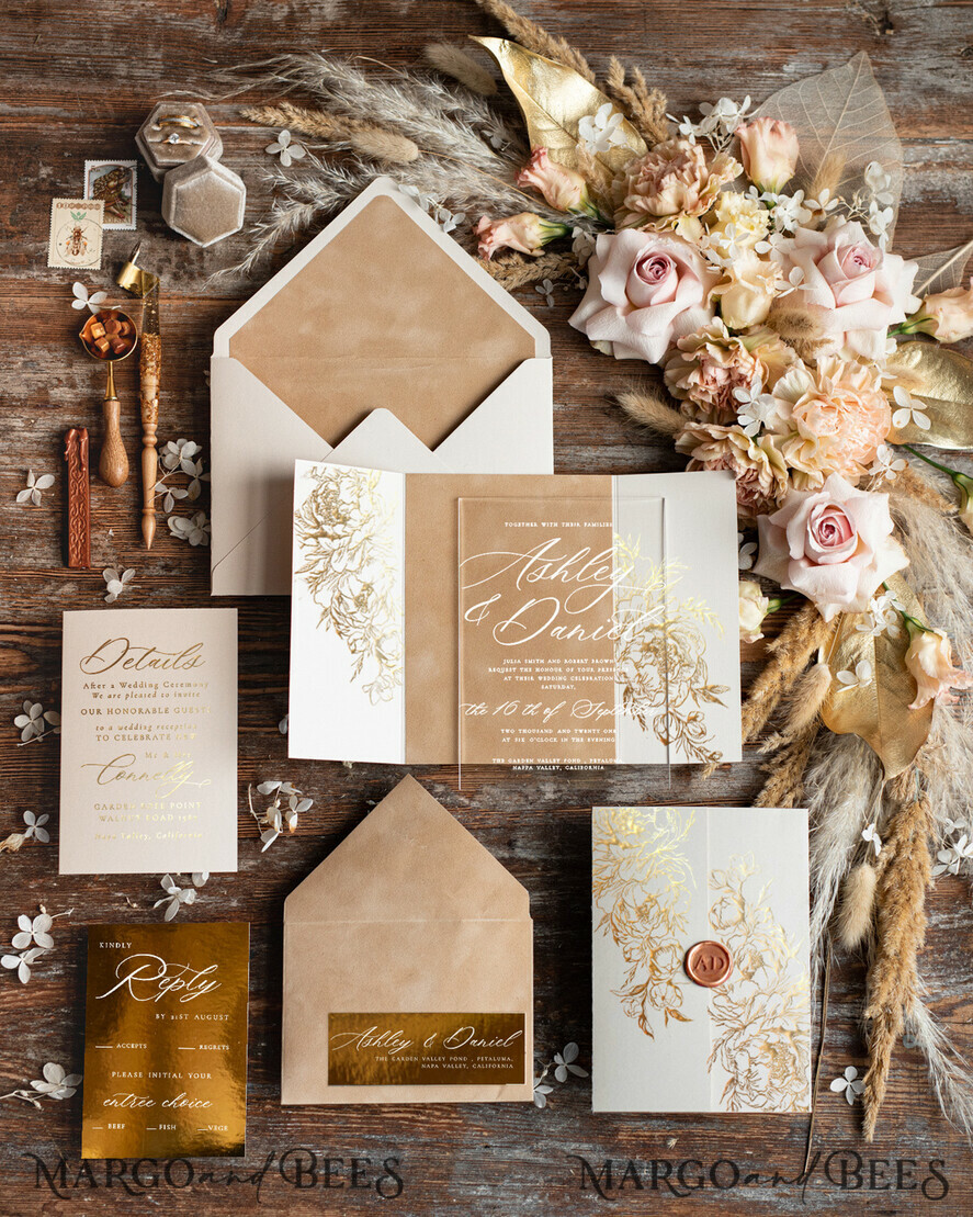 HOCHZEITS EINLADUNGEN Gold / Roségold / Silber / Glitzer Luxus Goldfolien-Hochzeitseinladungen, Plexi Glamour Hochzeitseinladungset, romantische Samthochzeitseinladungen, maßgeschneiderte goldene Hochzeitspapeterie