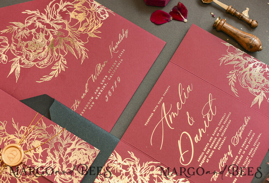 WEDDING INVITATIONS gold / rose gold / silver / glitter Golden Burgundy Wedding Invitations, Glamour Glitter Wedding Stationery, Elegant Black Wedding Invitation Suite, Gold Foil Luxury Arabic Wedding Cards