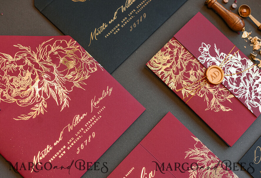 WEDDING INVITATIONS gold / rose gold / silver / glitter Golden Burgundy Wedding Invitations, Glamour Glitter Wedding Stationery, Elegant Black Wedding Invitation Suite, Gold Foil Luxury Arabic Wedding Cards