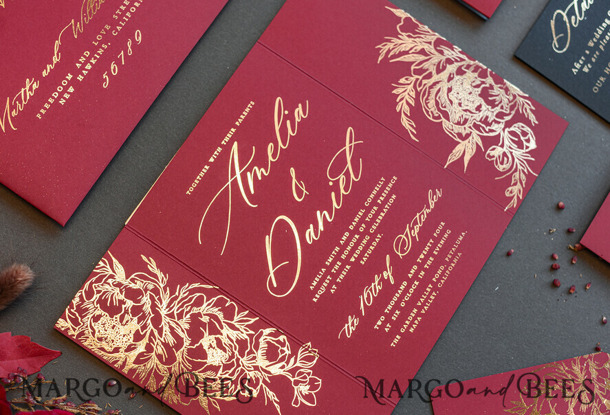 WEDDING INVITATIONS gold / rose gold / silver / glitter Golden Burgundy Wedding Invitations, Glamour Glitter Wedding Stationery, Elegant Black Wedding Invitation Suite, Gold Foil Luxury Arabic Wedding Cards