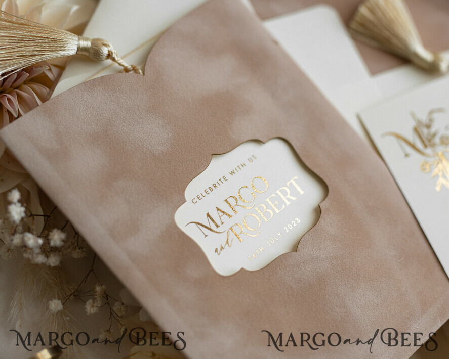 HOCHZEITS EINLADUNGEN Gold / Roségold / Silber / Glitzer Maßgeschneiderte Hochzeitskarten aus Samt mit Cremetasche, elegante goldene Quaste Hochzeitskarten, goldene Hochzeitsladung, Luxus-Hochzeitskarten