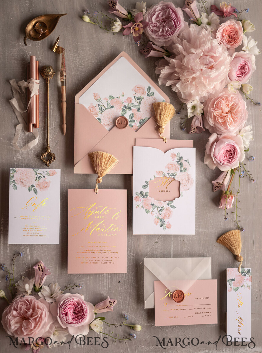 HOCHZEITS EINLADUNGEN Gold / Roségold / Silber / Glitzer Glamour Golden Shine Hochzeitseinladungsset, romantische blassrosa Hochzeitseinladungen, luxuriöse arabische Hochzeitskarten mit goldenen Quasten, elegante florale Hochzeitseinladungen.