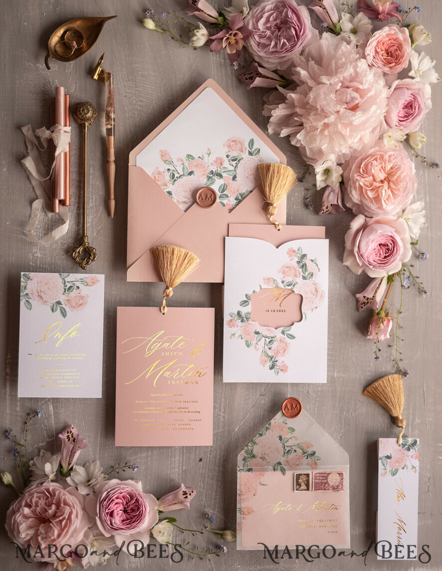 HOCHZEITS EINLADUNGEN Gold / Roségold / Silber / Glitzer Glamour Golden Shine Hochzeitseinladungsset, romantische blassrosa Hochzeitseinladungen, luxuriöse arabische Hochzeitskarten mit goldenen Quasten, elegante florale Hochzeitseinladungen.