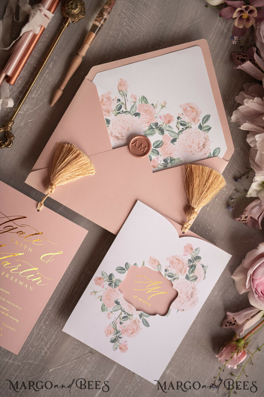 HOCHZEITS EINLADUNGEN Gold / Roségold / Silber / Glitzer Glamour Golden Shine Hochzeitseinladungsset, romantische blassrosa Hochzeitseinladungen, luxuriöse arabische Hochzeitskarten mit goldenen Quasten, elegante florale Hochzeitseinladungen.