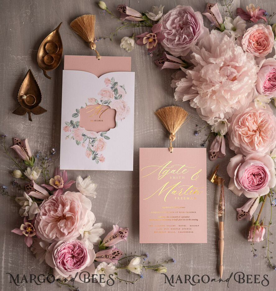 HOCHZEITS EINLADUNGEN Gold / Roségold / Silber / Glitzer Glamour Golden Shine Hochzeitseinladungsset, romantische blassrosa Hochzeitseinladungen, luxuriöse arabische Hochzeitskarten mit goldenen Quasten, elegante florale Hochzeitseinladungen.