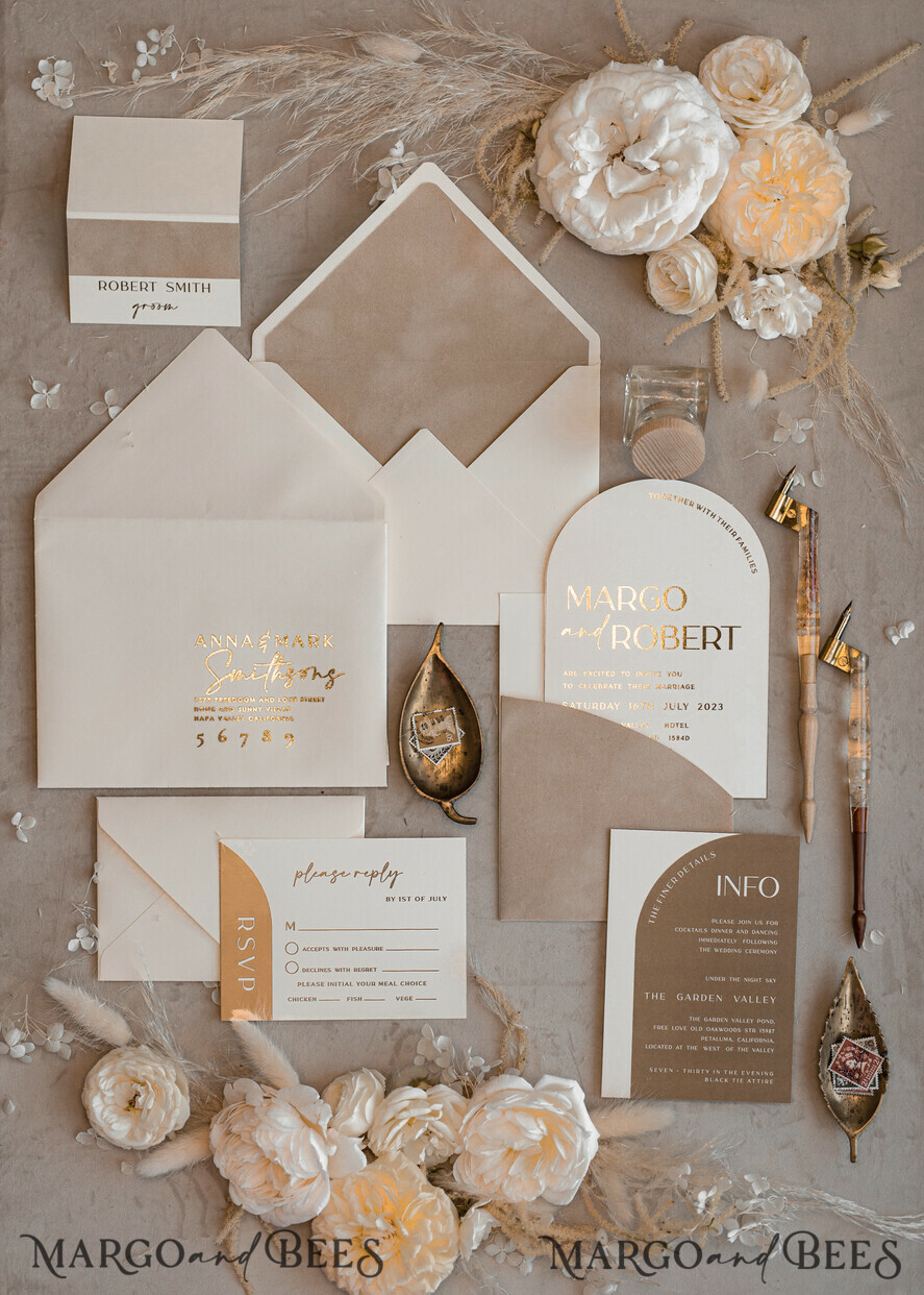 HOCHZEITS EINLADUNGEN Gold / Roségold / Silber / Glitzer Maßgeschneiderte Hochzeitskarten Samt beige Tasche, elegante Bogenhochzeitskarten, goldene Hochzeitseinladung Suite, luxuriöse Hochzeitseinladungen