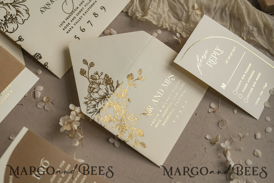 HOCHZEITS EINLADUNGEN Gold / Roségold / Silber / Glitzer Arch Gold Ivory Gold Hochzeitsinvitation Suite, Ecru Floral Hochzeitskarten, Glamour Hochzeitskarten, Elegantes Hochzeitsset