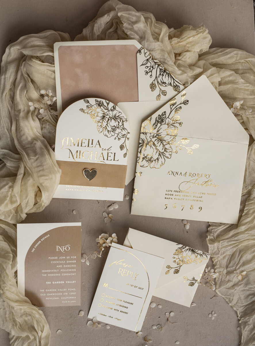 HOCHZEITS EINLADUNGEN Gold / Roségold / Silber / Glitzer Arch Gold Ivory Gold Hochzeitsinvitation Suite, Ecru Floral Hochzeitskarten, Glamour Hochzeitskarten, Elegantes Hochzeitsset