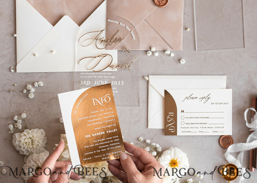 HOCHZEITS EINLADUNGEN Gold / Roségold / Silber / Glitzer Arch Golden Acryl-Hochzeitseinladungssuite, Samtbeige Hochzeitseinladungen, Glamour Plexiglas Hochzeitseinladungen