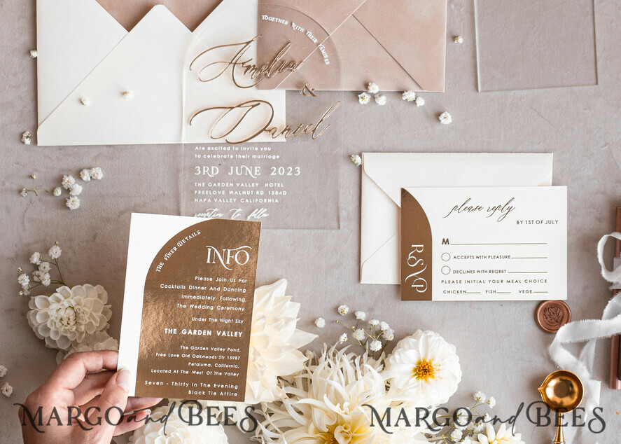 HOCHZEITS EINLADUNGEN Gold / Roségold / Silber / Glitzer Arch Golden Acryl-Hochzeitseinladungssuite, Samtbeige Hochzeitseinladungen, Glamour Plexiglas Hochzeitseinladungen