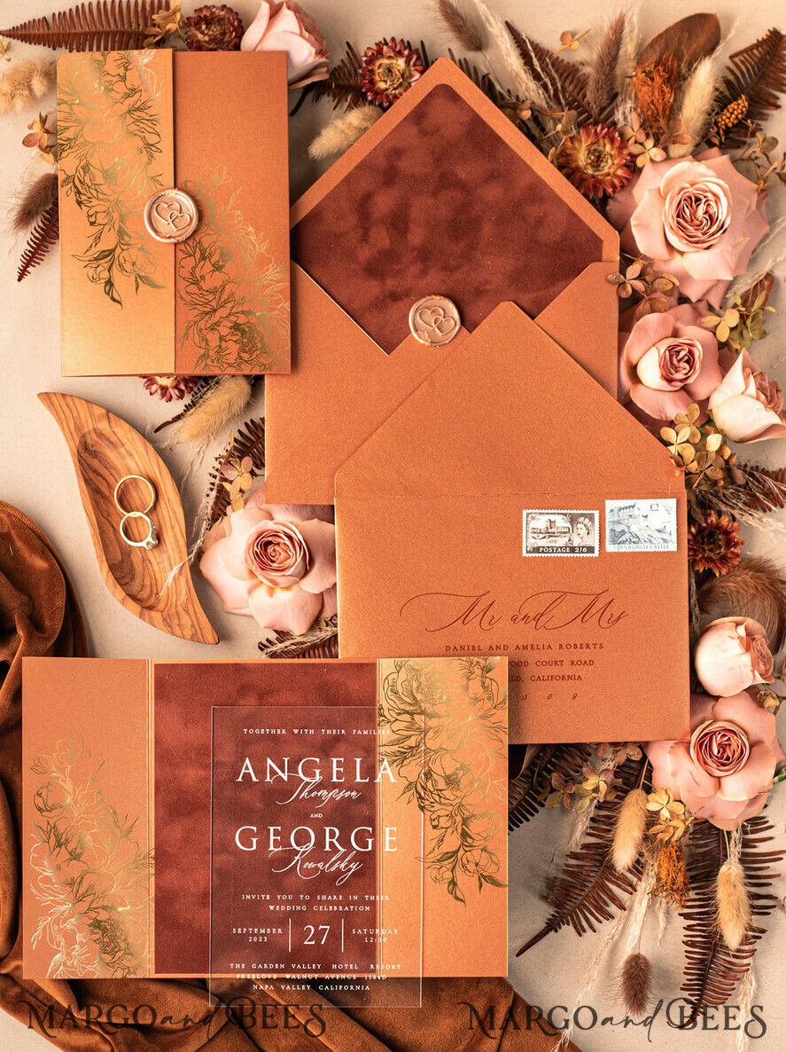 Luxury Arch Terracotta Acrylic Wedding Invitations, Velvet Pocket