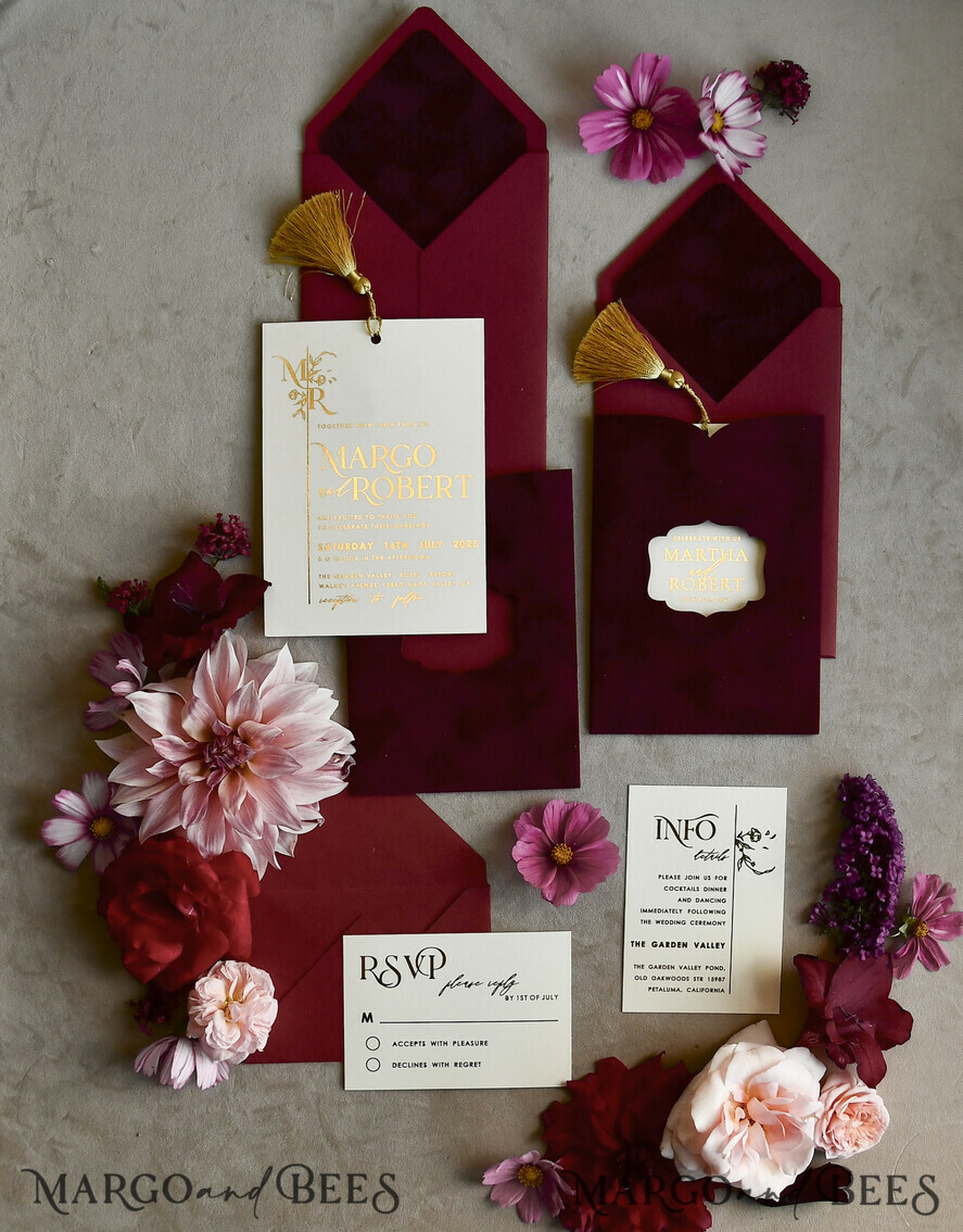 HOCHZEITS EINLADUNGEN Gold / Roségold / Silber / Glitzer Bordeaux Hochzeitseinladung, samtige burgunderrote und goldene Hochzeitseinladungen, königliche scharlachrote Hochzeitkarten