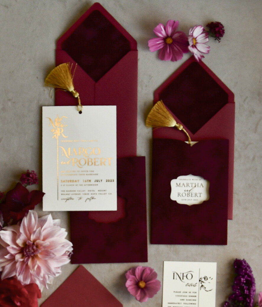 HOCHZEITS EINLADUNGEN Gold / Roségold / Silber / Glitzer Bordeaux Hochzeitseinladung, samtige burgunderrote und goldene Hochzeitseinladungen, königliche scharlachrote Hochzeitkarten