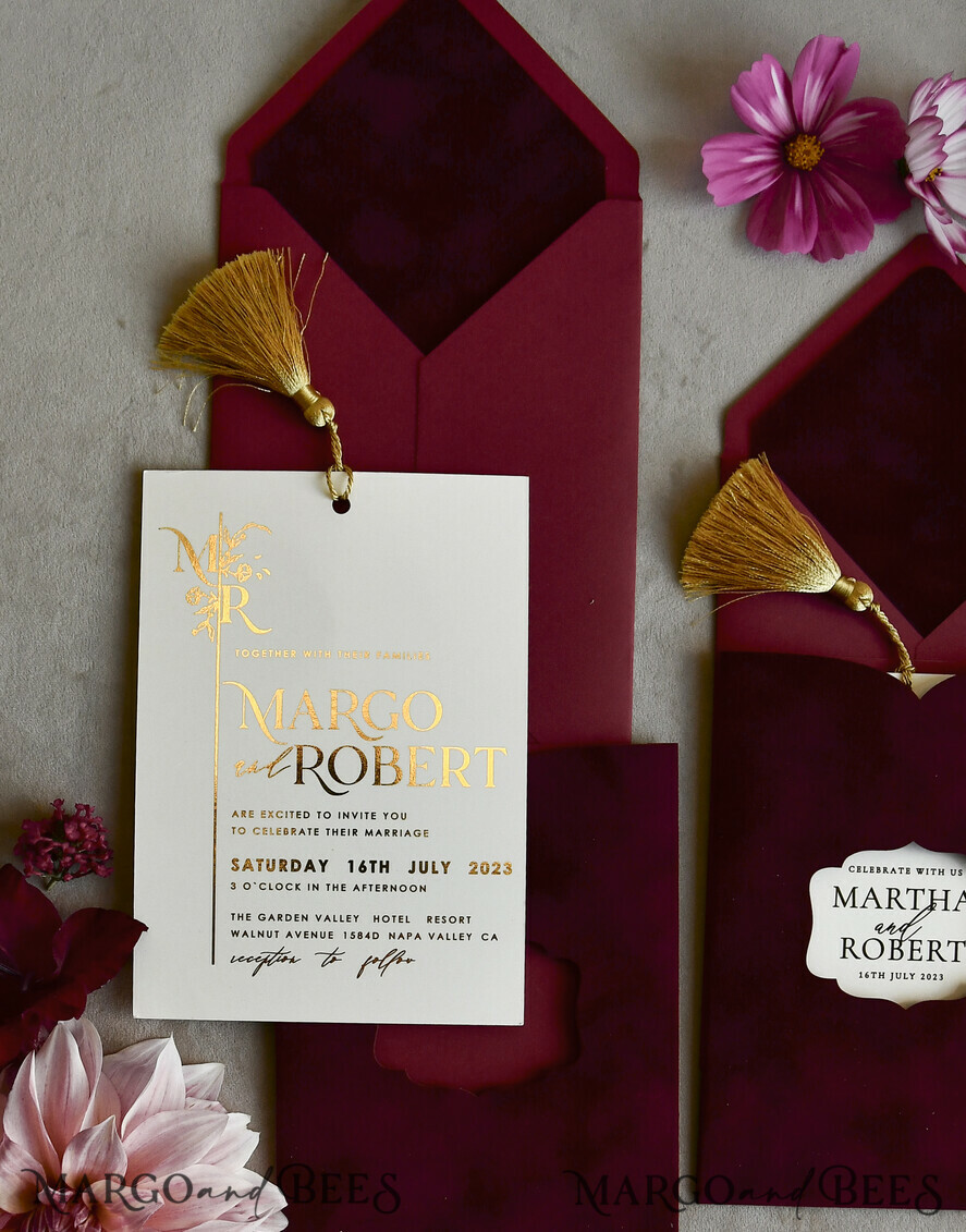 HOCHZEITS EINLADUNGEN Gold / Roségold / Silber / Glitzer Bordeaux Hochzeitseinladung, samtige burgunderrote und goldene Hochzeitseinladungen, königliche scharlachrote Hochzeitkarten