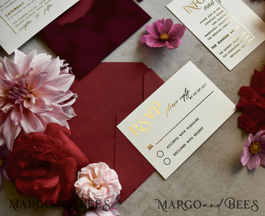 HOCHZEITS EINLADUNGEN Gold / Roségold / Silber / Glitzer Bordeaux Hochzeitseinladung, samtige burgunderrote und goldene Hochzeitseinladungen, königliche scharlachrote Hochzeitkarten