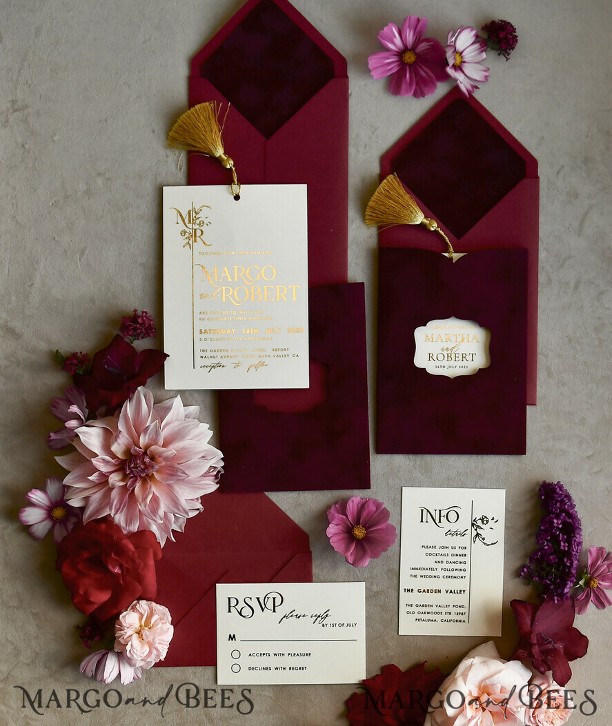 HOCHZEITS EINLADUNGEN Gold / Roségold / Silber / Glitzer Bordeaux Hochzeitseinladung, samtige burgunderrote und goldene Hochzeitseinladungen, königliche scharlachrote Hochzeitkarten