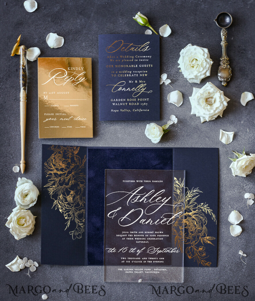 HOCHZEITS EINLADUNGEN Gold / Roségold / Silber / Glitzer Luxus Goldfolie Hochzeitskarten, elegante marineblaue Hochzeitskarten-Suite, glamouröse goldene Hochzeitskarten, maßgeschneiderte Plexi-Acryl-Hochzeitseinladungen.