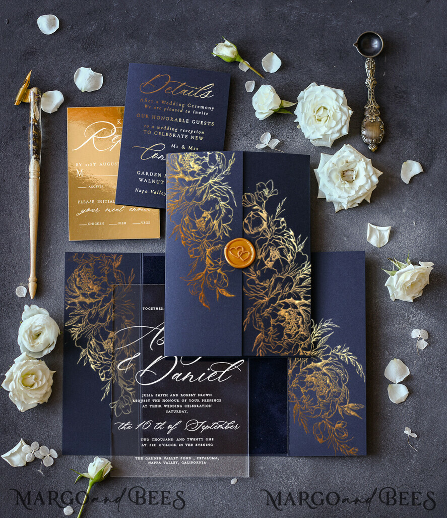 HOCHZEITS EINLADUNGEN Gold / Roségold / Silber / Glitzer Luxus Goldfolie Hochzeitskarten, elegante marineblaue Hochzeitskarten-Suite, glamouröse goldene Hochzeitskarten, maßgeschneiderte Plexi-Acryl-Hochzeitseinladungen.