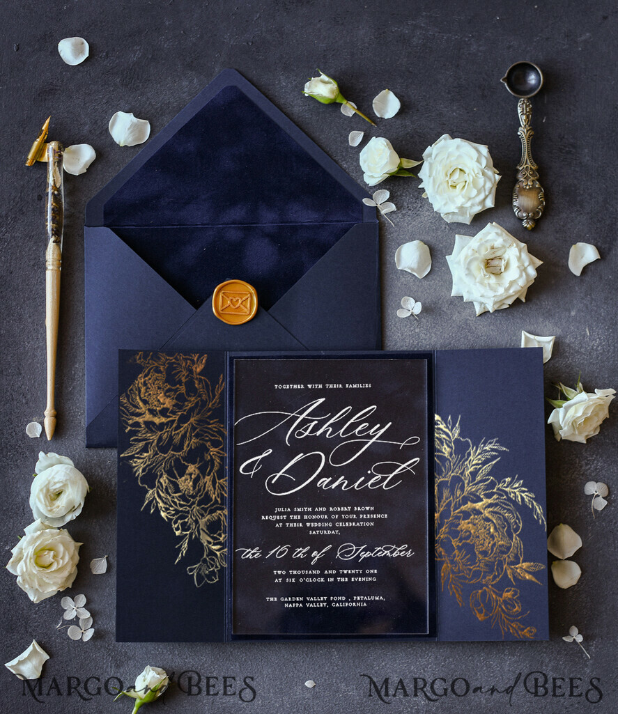 HOCHZEITS EINLADUNGEN Gold / Roségold / Silber / Glitzer Luxus Goldfolie Hochzeitskarten, elegante marineblaue Hochzeitskarten-Suite, glamouröse goldene Hochzeitskarten, maßgeschneiderte Plexi-Acryl-Hochzeitseinladungen.