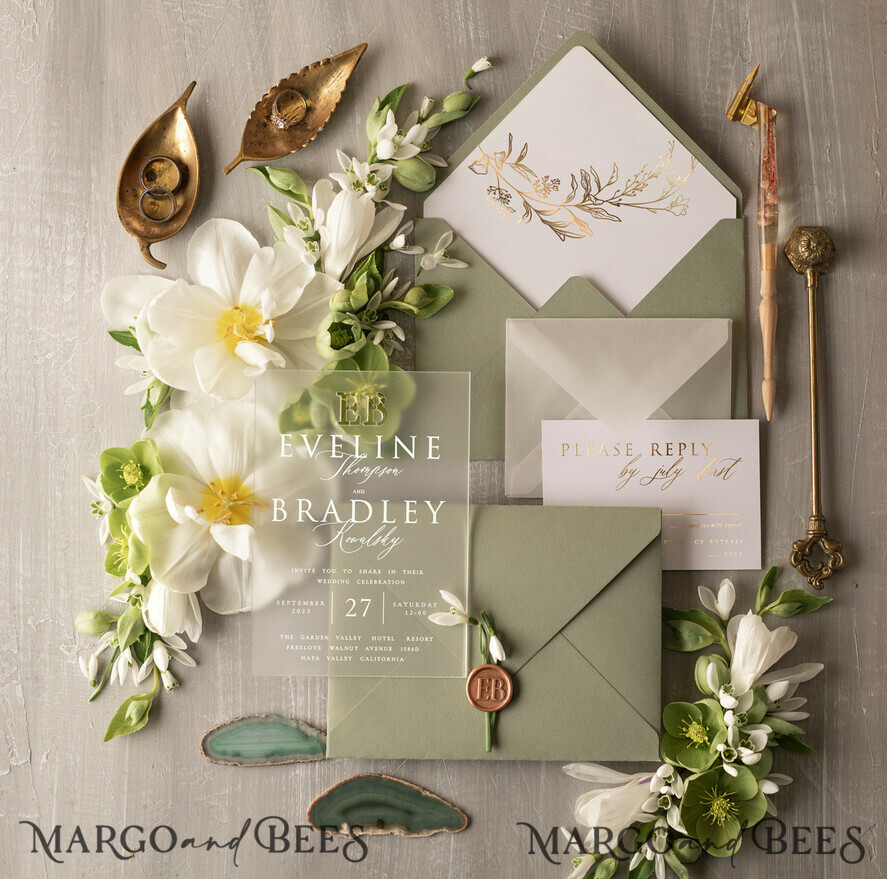 HOCHZEITS EINLADUNGEN Gold / Roségold / Silber / Glitzer Sage Green Acryl Hochzeitskarten Set, Luxus Gefrorene Acryl Hochzeitskarten • Glamour Gold Hochzeitskarten Set • Luxus Acryl Hochzeitskarten