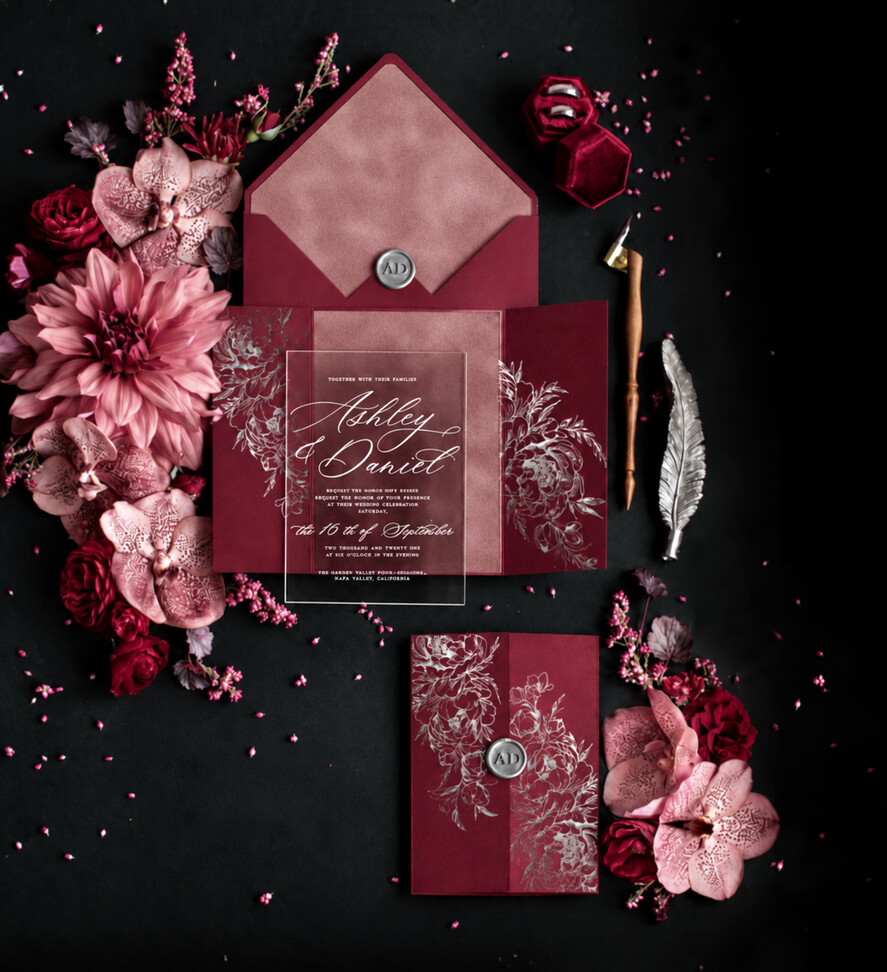 HOCHZEITS EINLADUNGEN Gold / Roségold / Silber / Glitzer Luxus Rote Samt Hochzeitskarten, Elegante Plexi Acryl Hochzeitskarten, Glamourburgunder Arabische HochzeitsEinladungen, Indisches Goldenes Glanz HochzeitsEinladungset.