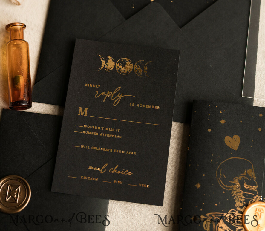 Halloween Gold Wedding Invitations Black and Gold Acrylic Invitation set Moon Tarot Wedding Invitation Cards Gold Skeleton Wedding Set