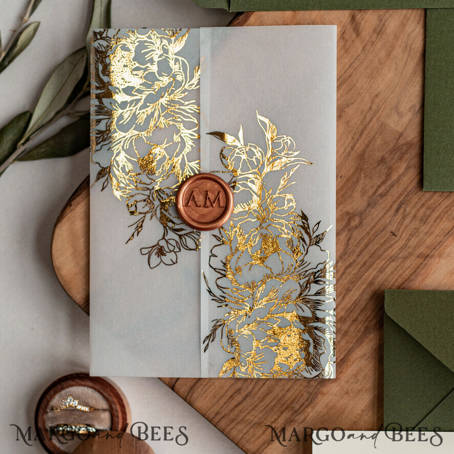 Black and Gold Floral Laser Cut Wedding Invitation with Delicate