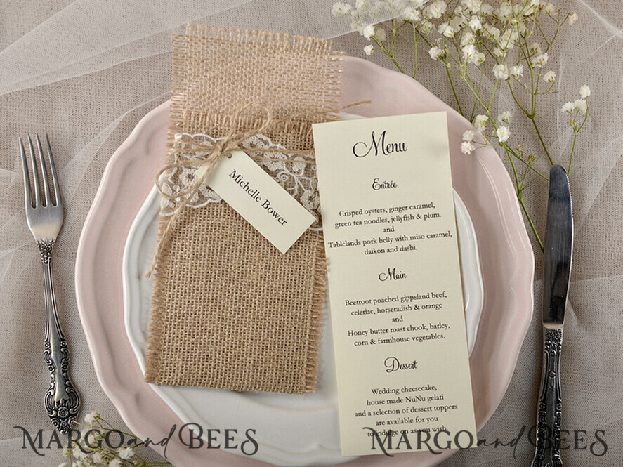 MENU & PROGRAMS rustic Burlap Silverware Holder With Twine, Rustic Lace table decor, Wedding Table Set, Table Setting, Burlap table decoration, Wedding Rustic Menu & Personalized Tag 
