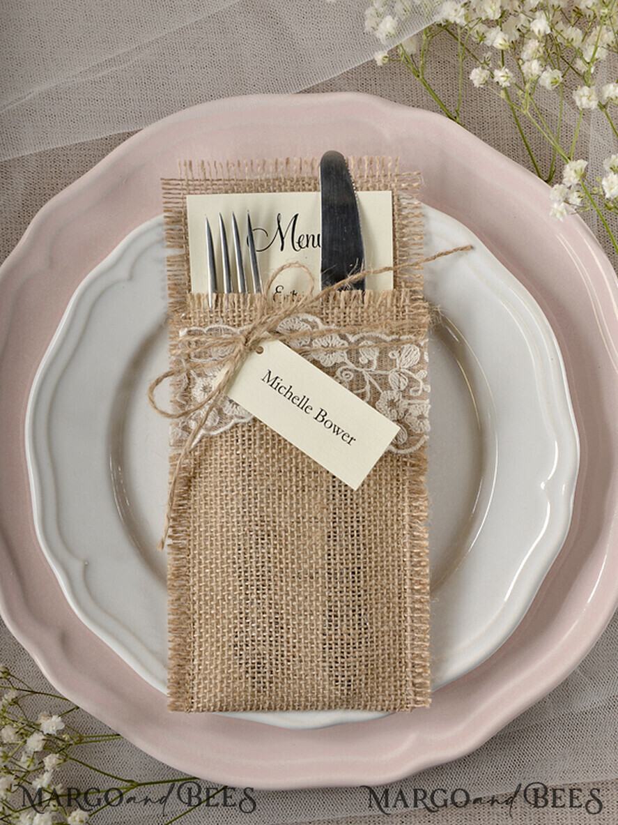 MENU & PROGRAMS rustic Burlap Silverware Holder With Twine, Rustic Lace table decor, Wedding Table Set, Table Setting, Burlap table decoration, Wedding Rustic Menu & Personalized Tag 