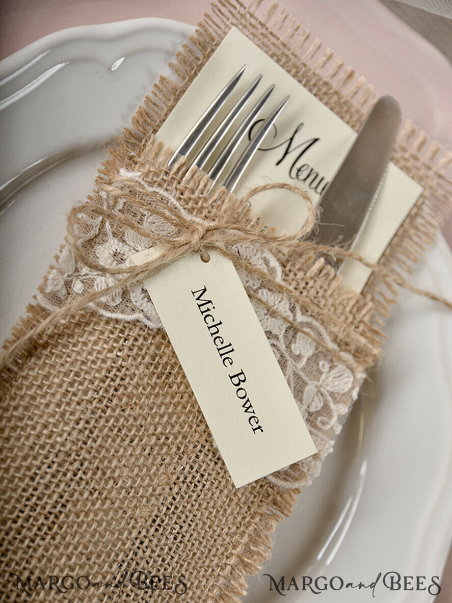MENU & PROGRAMS rustic Burlap Silverware Holder With Twine, Rustic Lace table decor, Wedding Table Set, Table Setting, Burlap table decoration, Wedding Rustic Menu & Personalized Tag 