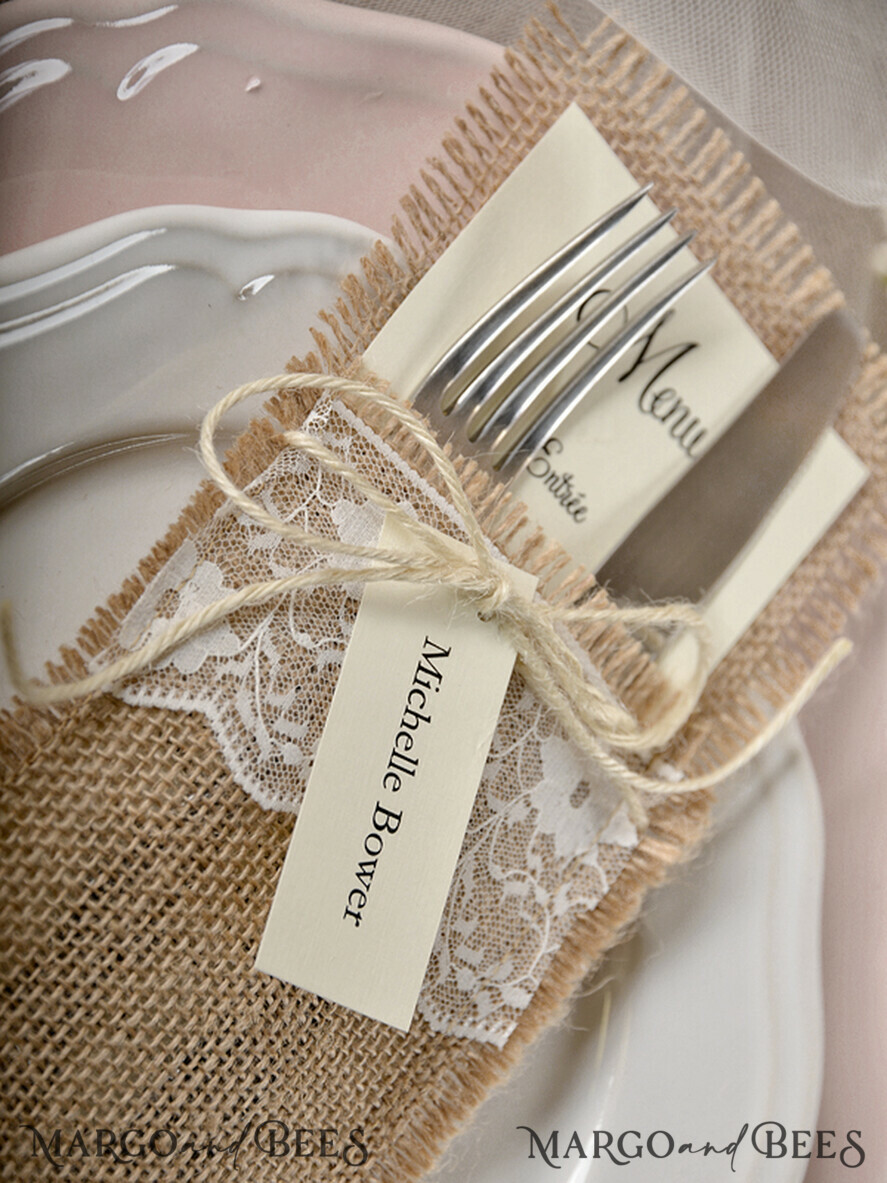 MENU & PROGRAMS rustic Burlap Silverware Holder With Burlap Twine, Rustic Lace table decor, Wedding Table Set, Table Setting, Burlap table decoration, Elegant Wedding Rustic Menu     