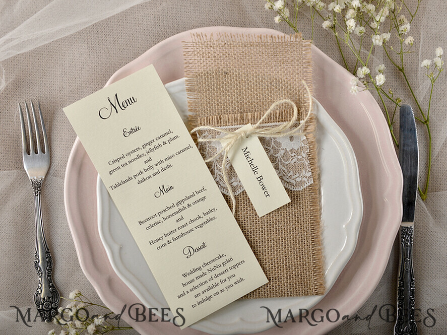 MENU & PROGRAMS rustic Burlap Silverware Holder With Burlap Twine, Rustic Lace table decor, Wedding Table Set, Table Setting, Burlap table decoration, Elegant Wedding Rustic Menu     