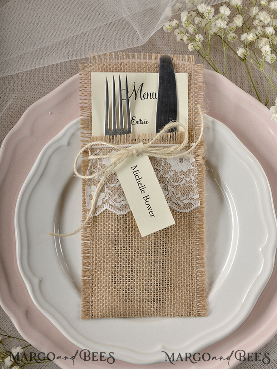 MENU & PROGRAMS rustic Burlap Silverware Holder With Burlap Twine, Rustic Lace table decor, Wedding Table Set, Table Setting, Burlap table decoration, Elegant Wedding Rustic Menu     