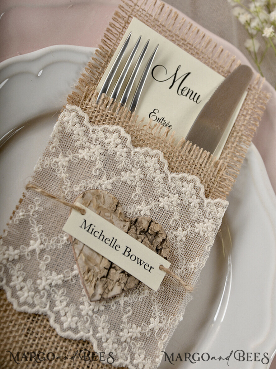 MENU & PROGRAMS rustic Burlap Silverware Holder With Wooden Heart, Rustic Lace table decor, Wedding Table Set, Table Setting, Burlap table decoration, Wedding Rustic Menu