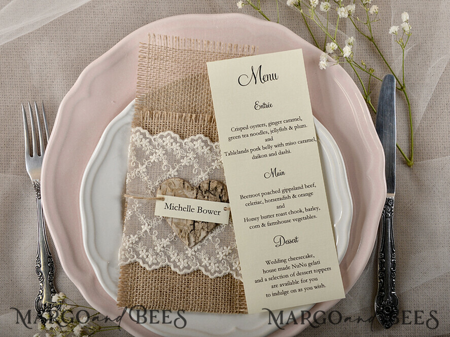 MENU & PROGRAMS rustic Burlap Silverware Holder With Wooden Heart, Rustic Lace table decor, Wedding Table Set, Table Setting, Burlap table decoration, Wedding Rustic Menu