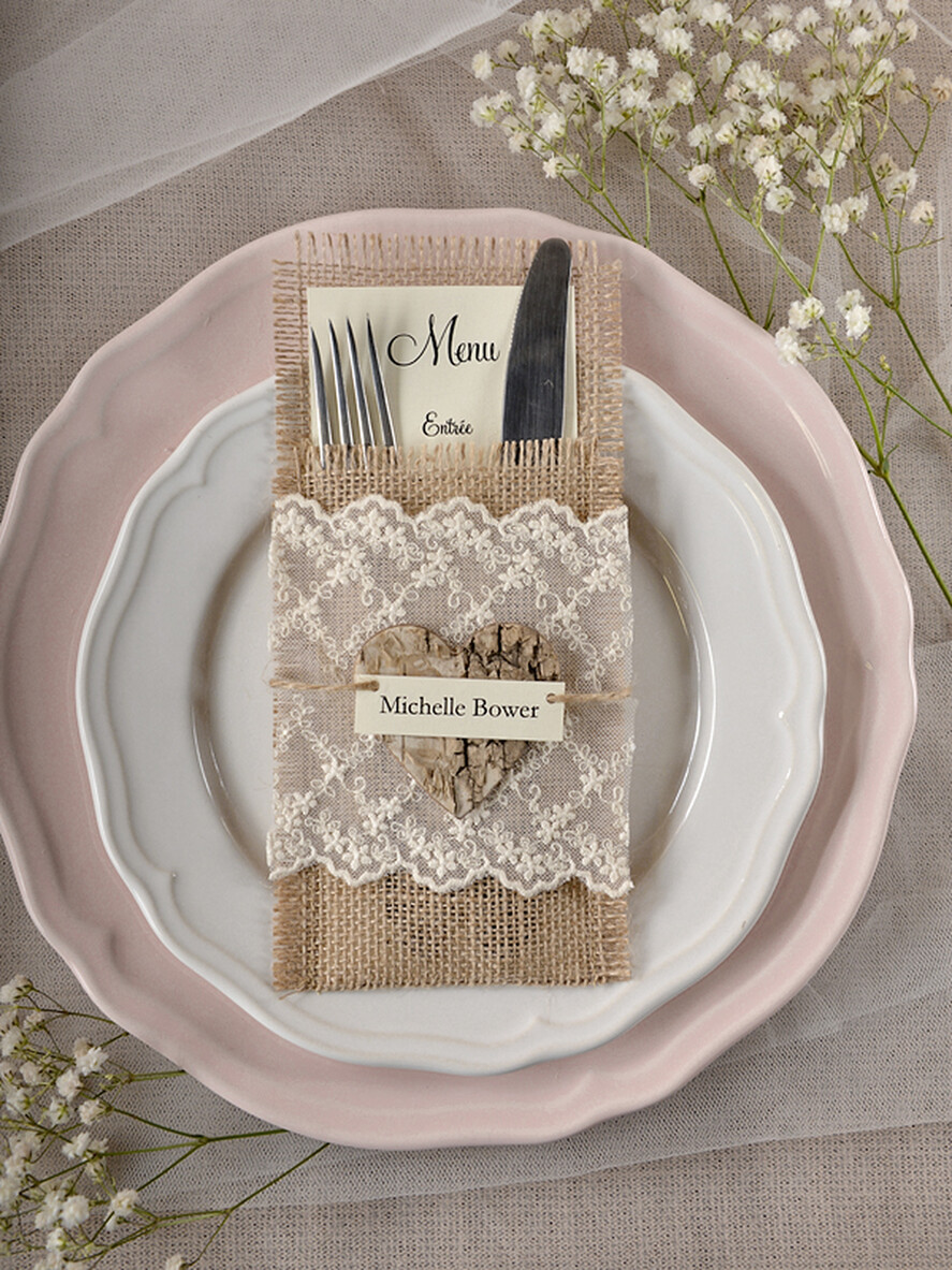 MENU & PROGRAMS rustic Burlap Silverware Holder With Wooden Heart, Rustic Lace table decor, Wedding Table Set, Table Setting, Burlap table decoration, Wedding Rustic Menu