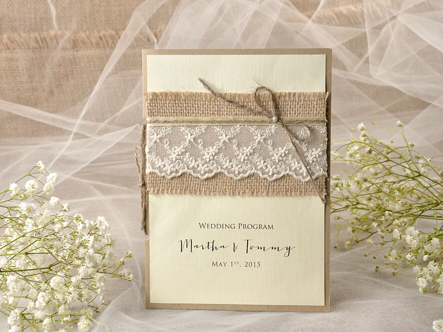 MENU & PROGRAMS rustic Ecru Rustic Wedding Program with Burlap, Barn Wedding Program, Eco Romantic Personalized Cards with Twine, Simple Rustic Lace Wedding Program, Elegant Booklet Rustic Wedding Cards