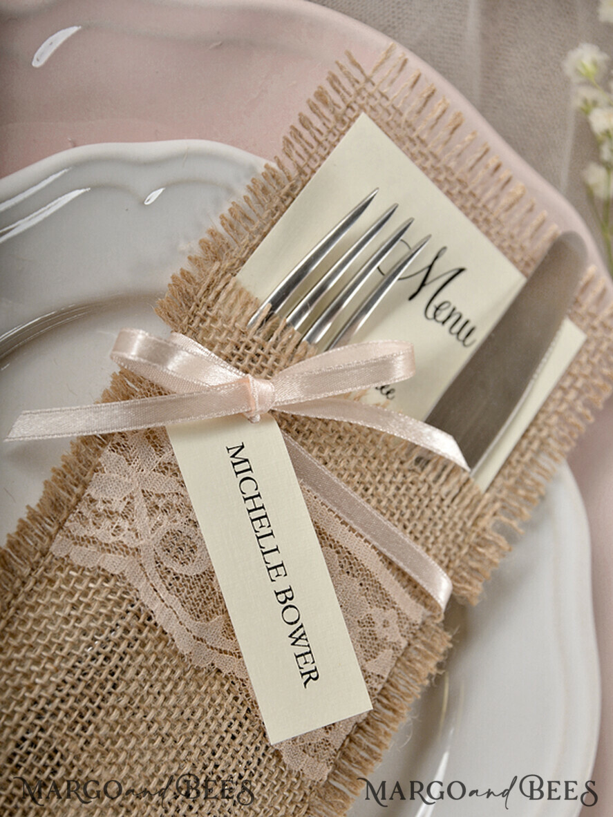 MENU & PROGRAMS rustic Burlap Silverware Holder With Ribbon, Rustic Lace table decor, Wedding Table Set, Table Setting, Burlap table decoration, Wedding Rustic Menu With Ribbon & Tag
