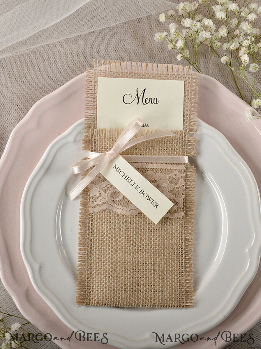 MENU & PROGRAMS rustic Burlap Silverware Holder With Ribbon, Rustic Lace table decor, Wedding Table Set, Table Setting, Burlap table decoration, Wedding Rustic Menu With Ribbon & Tag