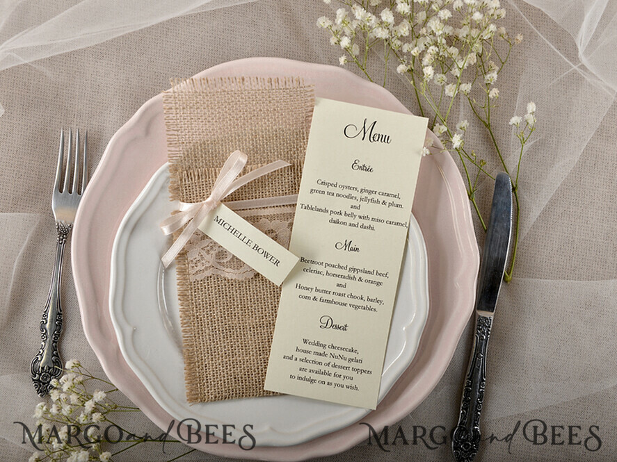 MENU & PROGRAMS rustic Burlap Silverware Holder With Ribbon, Rustic Lace table decor, Wedding Table Set, Table Setting, Burlap table decoration, Wedding Rustic Menu With Ribbon & Tag